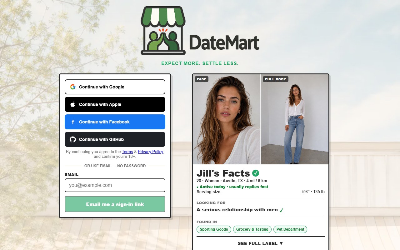 DateMart landing page: a sample nutrition-label dating profile with verified face and full-body photos, an honest 'looking for' intention, and personality departments