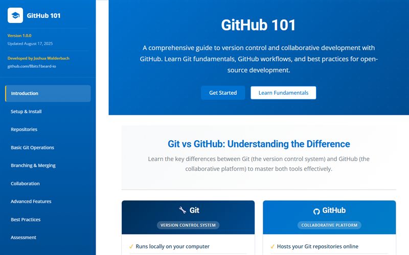 GitHub101 training platform showing the course navigation and Git vs GitHub introduction module