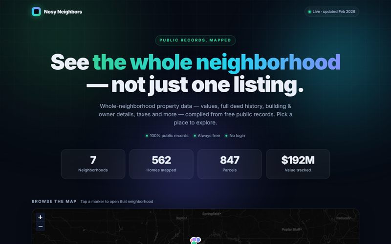 Nosy Neighbors home page: public records mapped, with neighborhood, home, parcel, and value statistics