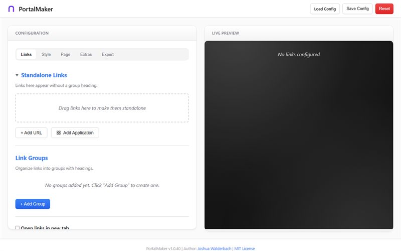 Portal Maker visual editor with link configuration panel beside the live portal preview