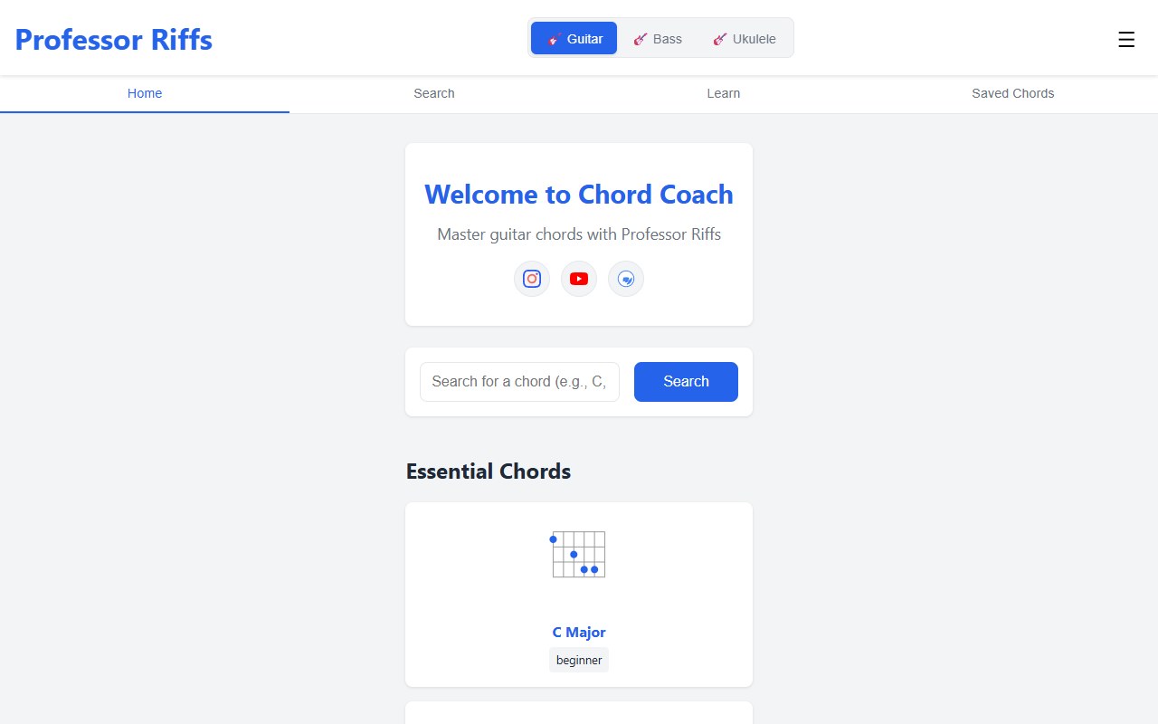 Professor Riffs Chord Coach home screen: chord search, essential chords, and a C Major fingering diagram