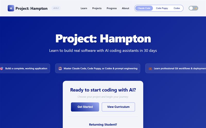 Project Hampton landing page: learn to build real software with AI coding assistants in 30 days