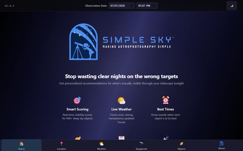 Simple Sky home screen: astrophotography planning with smart visibility scoring, live weather, and best observation times